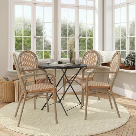 FLASH FURNITURE Lourdes Thonet French Bistro Stack Chair w/Arms, Natural/White PE Rattan/Bamboo Alum Frame, 4PK 4-SDA-AD642002A-NATWH-LTNAT-GG